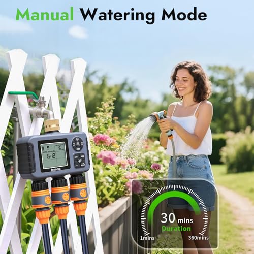 Insoma Water Timer with Brass Inlet, 3 Independent Zones Outdoor Hose Timer for Garden Faucet with Auto/Manual/Rain Delay Mode, IPX5 Waterproof, Sprinkler Irrigation Controller for Yard Lawn - size: 3-Zones