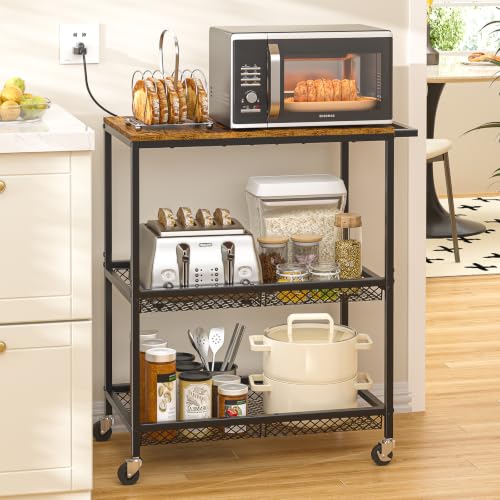 3 Tier Rolling Utility Kitchen Cart on Wheels, Heavy Duty Wire Rolling Cart with Wooden Top, Commercial Metal Serving Cart with Handle, Kitchen Island Food Storage Trolley for Laundry, Office, Garage - color: Wooden-black