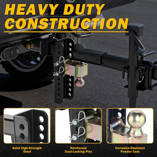 Adjustable Drawbar Trailer Hitch Fit for 2-Inch Receiver with 6" Drop/Rise and Carbon Steel 2" and 2-5/16" Ball Hitches Heavy Duty for Max Towing 20000 LBS - color: Gold&Black-6Inch