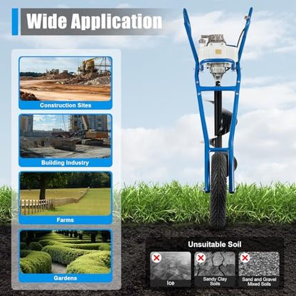 63CC 2-Stroke Hand Push Post Hole Digger with Wheel, 12" Auger Bit - color: 63CC, Blue
