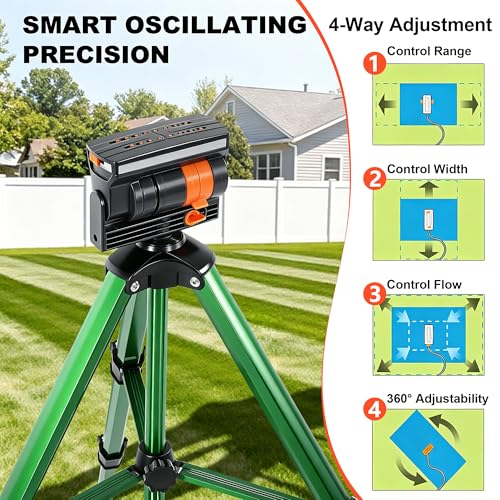 Oscillating Sprinkler Head on Telescoping Tripod Base with 2 Sprinkler Extensions, Heavy Duty Lawn Sprinklers, 360° Large Area Irrigation, Solid Metal Extension Legs & Skidproof Design - style: Oscillating Sprinkler Head