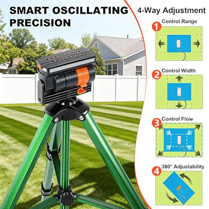 Oscillating Sprinkler Head on Telescoping Tripod Base with 2 Sprinkler Extensions, Heavy Duty Lawn Sprinklers, 360° Large Area Irrigation, Solid Metal Extension Legs & Skidproof Design - style: Oscillating Sprinkler Head