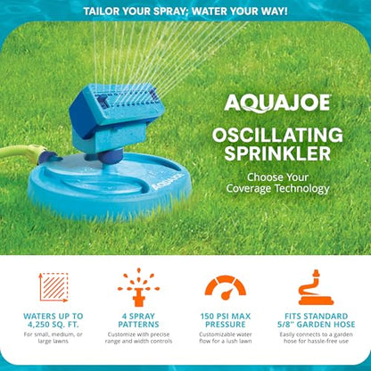 Aqua Joe AJ-OSPR20 Mini Oscillating Sprinkler on Sled Base – 20 Nozzles, 4 Spray Patterns, up to 4,250 sq. ft. Coverage