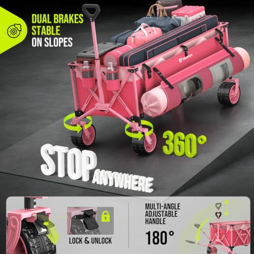 HIKEMOON 48'' Extra Large Collapsible Wagon with Big Wheels, 300L Pink - color: Pink