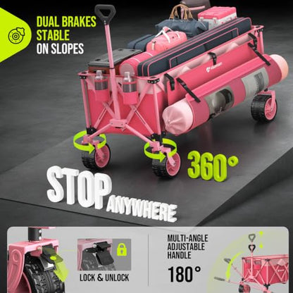 HIKEMOON 48'' Extra Large Collapsible Wagon with Big Wheels, 300L Pink - color: Pink