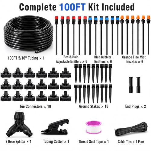 100FT 5/16" Drip Irrigation Kit, 18 Emitters for Raised Beds - size: 100FT