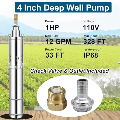 Deep Well Submersible Pump, 110V 1HP Deep Well Pump Submersible Water Pump for Industrial Irrigation and Home,328FT Lift, 12GPM, Screw Water Pump - size: 4"-110V