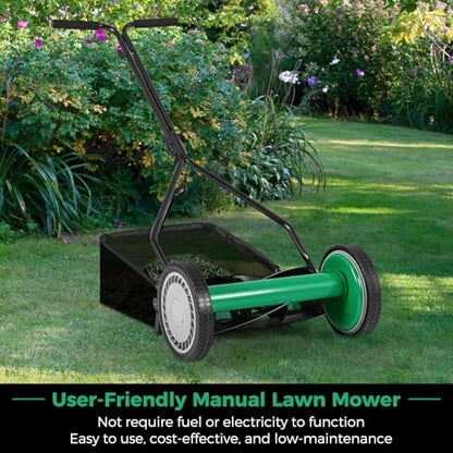 Push Lawn Mower, 14" Manual Rear Mower with 5 Steel Blades, Adjustable Cutting Heights & Grass Catcher Bag, Walk-Behind Grass Cutter Lawn Sweeper for Garden, Park & Yard (Green) - color: Green, size: 14"