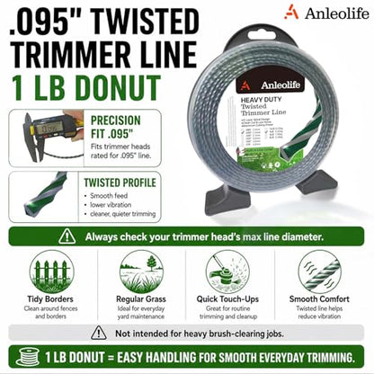 Anleolife .095" 3-Layer Twisted Weed Eater String, Heavy Duty, 393ft 1 lb - color: 1-lb Twisted .095