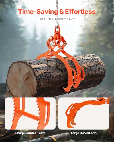 VEVOR 36in Log Lifting Tongs 4 Claw Solid Steel Log Grapple Swivel Tools - size: 36in, style: 4 Serrated Claw