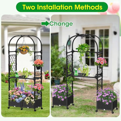 Planter Box with Trellis,5.9ft/71in Self Watering Raised Garden Bed with Wheels and Storage Shelf,Drainage Holes,for Flower Rattan Vines Plant Climbing Tomato Vegetable Indoor Outdoor Garden Patio