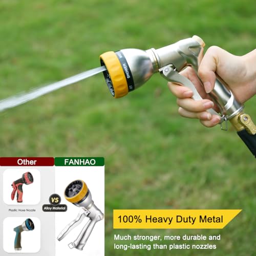 FANHAO Metal Garden Hose Nozzle Heavy Duty, 7 Adjustable Spray Patterns - color: Silver & Yellow, size: Multi-Pattern