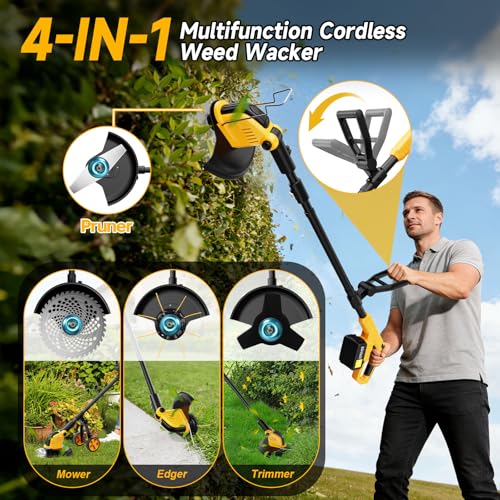 6000mAh 4-in-1 Electric Weed Wacker Cordless, 20000RPM Weed Eater Battery Powered, Heavy Duty Brush Cutter Edger Lawn Tool/Weed Trimmer/Grass Trimmer W/Wheel Metal Blade, 2 Battery Yard Tool - color: YELLOW
