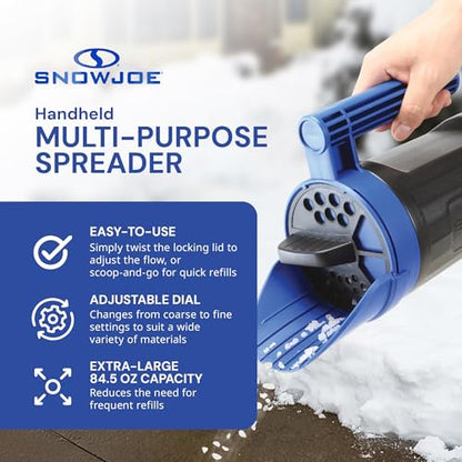 Snow Joe Salt Spreader Handheld - Ice Melt Spreader with 5 lb Capacity, Adjustable Dial Flow Control for Grass Seed, Fertilizer & More, SJSPD1