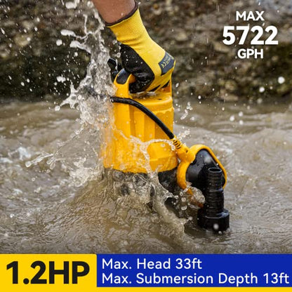 Acquaer 1.2HP Sump Pump, 5722GPH Utility Pump with Auto Float Switch - color: Yellow