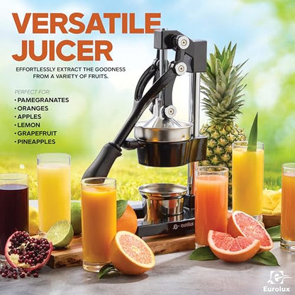 Eurolux Ultra-Premium Cast Iron Juicer | Extra-Large, Heavy Duty, Commercial Grade, Stainless Steel Manual Hand Press Citrus Squeezer For Fresh Orange Juice, Pomegranate, Lemon, and Much More (Black) - color: Black