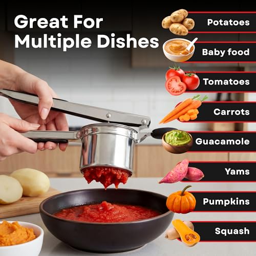 Large 15oz Potato Ricer - Professional 430 Stainless Steel Masher for Fluffy Mashed Potatoes, Gnocchi, Guacamole & Baby Food - Ergonomic Non-Slip Handles, Heavy Duty & Dishwasher Safe Kitchen Press - size: Fixed Disc
