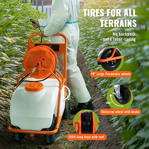VEVOR Battery Powered 15 Gallon Garden Weed Sprayer with Wheeled Cart, 126FT Hose with Reel, 8 Nozzles, 2 Wands with Lock Trigger, 0-90PSI, 5-6h Spray Time, Wide Mouth Lid, Rotating Wheels with Brake - size: 15 Gal-Custom Bulit Cart