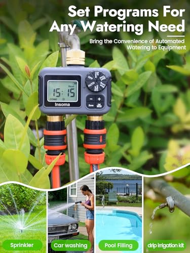 Insoma 2-Zone Water Timer Brass Inlet/Outlet, Programmable Outdoor Hose Faucet Timers with Auto/Manual Modes + Rain Delay, Waterproof Sprinkler Timer for Garden, Lawn, Yard, Pool | Save Water & Money - size: 2 Zone-Brass Inlet Outlet