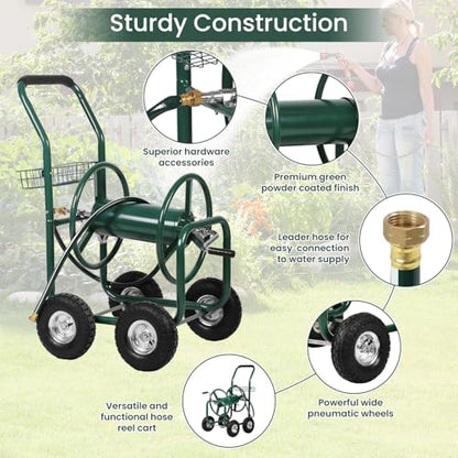 Garden Hose Reel Cart with Wheels, Holds 300-Feet of 5/8-Inch Hose, Heavy Duty Yard Water Planting 4 Wheels Outdoor Garden Lawn Water Truck with Storage Basket, Green - color: Green