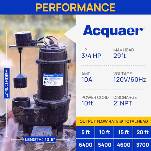 Acquaer 3/4 HP Submersible Sewage Pump 6400 GPH Auto Vertical Float Switch - color: Dark Black