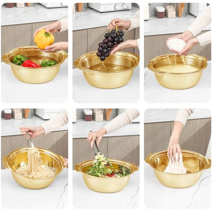 Paoli 304 Stainless Steel Fine Mesh Colander Set, 5QT Large Capacity Strainer with Mixing Bowl — Rinse Fruits, Veggies, Rice & Drain Pasta, Dishwasher Safe (2-Piece Gold) - color: Gold with handle, size: 5qt