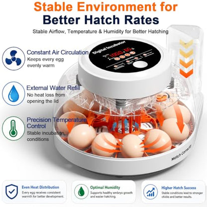 Upgraded Egg Incubators for Hatching Eggs, 22 Egg Incubator with Automatic Egg Turning, Temperature Control & Humidity Display, LED Candler, Incubator for Chicken, Duck, Quail Eggs