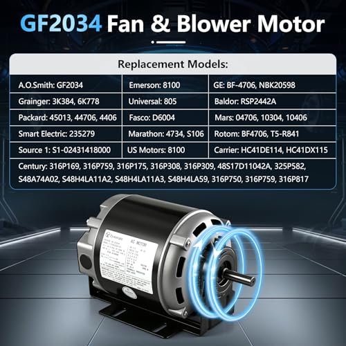 GF2034 Blower Motor 1/3 HP 115V 60Hz 1725 RPM 48 Frame Belt Drive Fan Motor