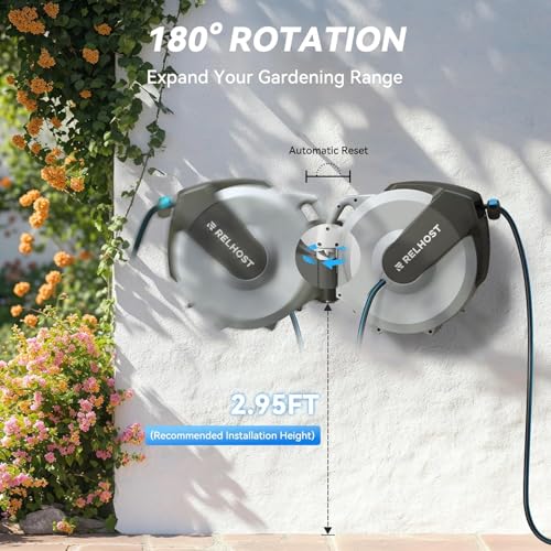 Relhost Retractable Garden Hose Reel 120 ft x 1/2 in, Heavy Duty Hose Reel Wall Mount with Any Length Lock, Auto Rewind System, 180° Swivel Bracket, 10-Pattern Garden Hose Nozzle, White & Grey - color: White & Grey, size: 120FT