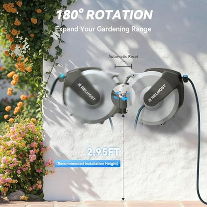 Relhost Retractable Garden Hose Reel 120 ft x 1/2 in, Heavy Duty Hose Reel Wall Mount with Any Length Lock, Auto Rewind System, 180° Swivel Bracket, 10-Pattern Garden Hose Nozzle, White & Grey - color: White & Grey, size: 120FT