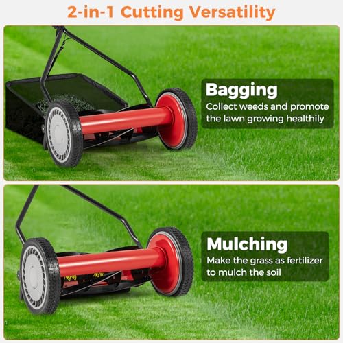 Push Lawn Mower, 14" Manual Rear Mower with 5 Steel Blades, Adjustable Cutting Heights & Grass Catcher Bag, Walk-Behind Grass Cutter Lawn Sweeper for Garden, Park & Yard (Red) - color: Red, size: 14"