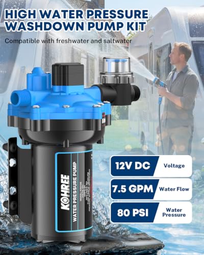 Kohree 12V DC Washdown Pump Kit - 7.5GPM 80PSI, Self-Priming, High Flow