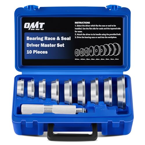 OMT Bearing Press Kit, 10pc Bearing Race and Seal Driver Set | Seal Installer Bearing Driver Kit for Bearing Installation with Seal Driver and 9 Bearing Adapters, Silver - size: 39.5 to 81 mm