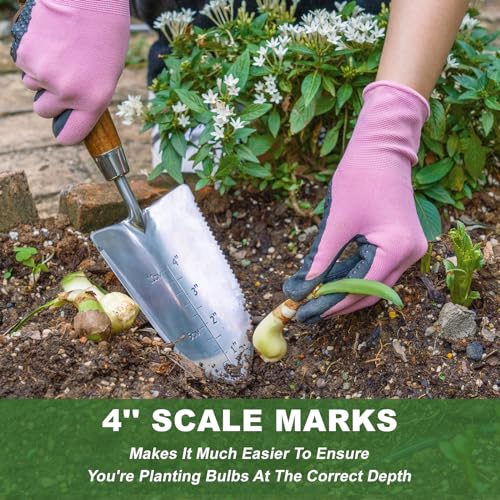 Haliaeetus Garden Trowel with Serrated Edge, 4'' Depth Mark Planting Shovel | V Shaped Sharp Edge Garden Shovel, Stainless Steel Hand Shovel with Comfortable Wood Handle for Planting and Weeding - size: 13'' Serrated Shovel