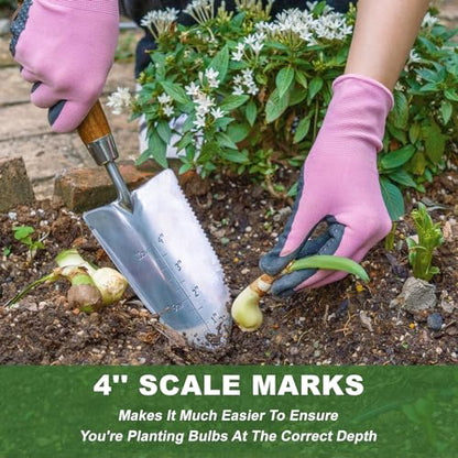 Haliaeetus Garden Trowel with Serrated Edge, 4'' Depth Mark Planting Shovel | V Shaped Sharp Edge Garden Shovel, Stainless Steel Hand Shovel with Comfortable Wood Handle for Planting and Weeding - size: 13'' Serrated Shovel