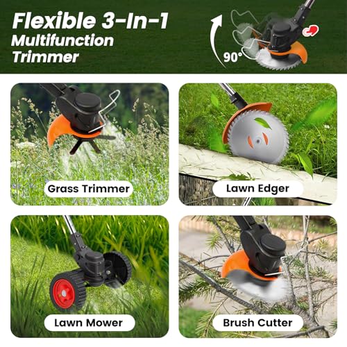 Cordless Weed Wacker 24V, 2 x 4.0Ah Battery Powered Weed Eater with Wheel - color: Black