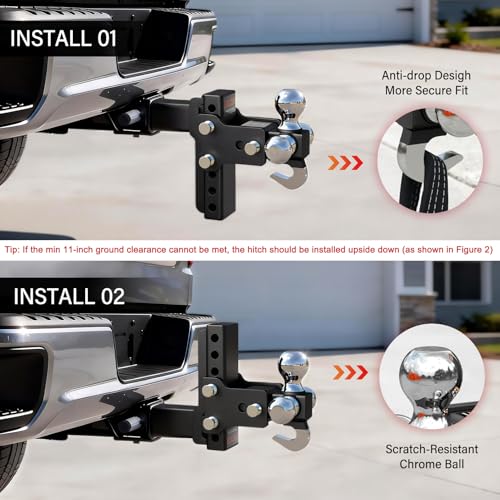 Adjustable Trailer Hitch, 360° Swivel Tri Ball Mount with Tow Hook & Lock - color: 2"-Adjustable
