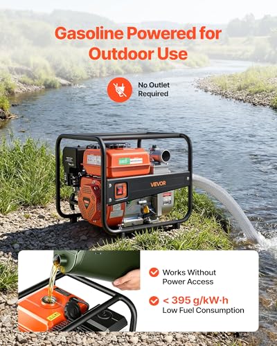 VEVOR Gas Powered Water Pump, 2 in, 158 GPM 7HP Semi Trash Water Transfer Pump Portable, Gasoline Engine with 25 ft Discharge Hose, Heavy Duty Frame, Cast Iron Impeller, for Irrigation, Ponds, Pools - size: 2in 7.0 HP 158GPM