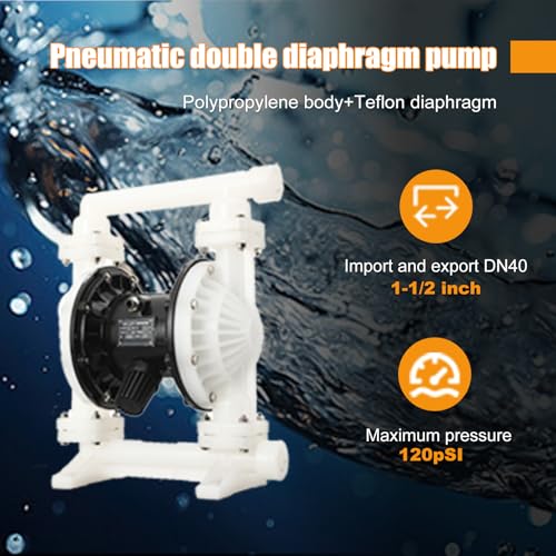 Pneumatic Double Diaphragm Pump 1.5 Inch In/Out PP 35GPM Max 120PSI - color: White