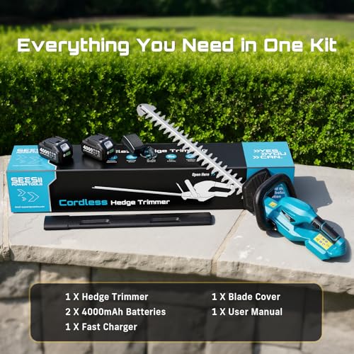 SEESII 20" Hedge Trimmer Cordless with 2× 4.0Ah Battery, Lightweight Design - color: Blue