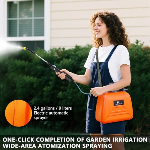 Battery Powered Sprayer, 2.4 Gallon Electric Garden Sprayer, Automatic Power Weed Spray Battery Operated with Adjustable Shoulder Strap and Rechargeable Handle for Yard, Lawn, 3 Mist Nozzles (Orange)