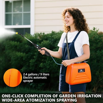 Battery Powered Sprayer, 2.4 Gallon Electric Garden Sprayer, Automatic Power Weed Spray Battery Operated with Adjustable Shoulder Strap and Rechargeable Handle for Yard, Lawn, 3 Mist Nozzles (Orange)
