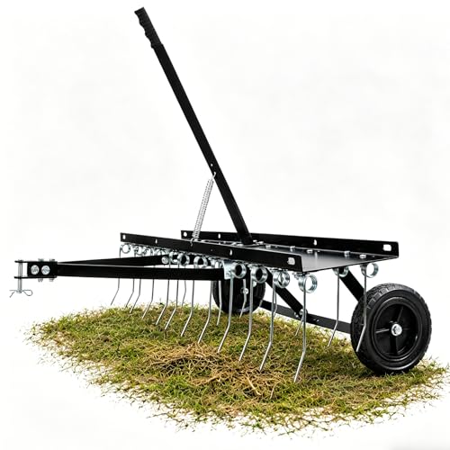 40" Tow Behind Lawn Dethatcher - Pull Behind Lawn Rake with 20 Spring Tines, Lift Handle, Heavy Duty Weight Tray, Riding Mower Lawn Tractor Attachment for Thatch, Dead Grass, Moss,Overseeding Prep