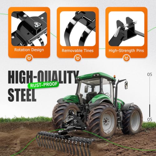 KUAFU 50" 3 Point Landscape Rake for Category-0 Cat-0 Tractor with 360 - style: Black