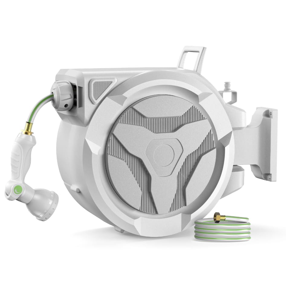 Retractable Garden Hose Reel 1/2"x100ft with 10-Function Nozzle - color: White & Gray