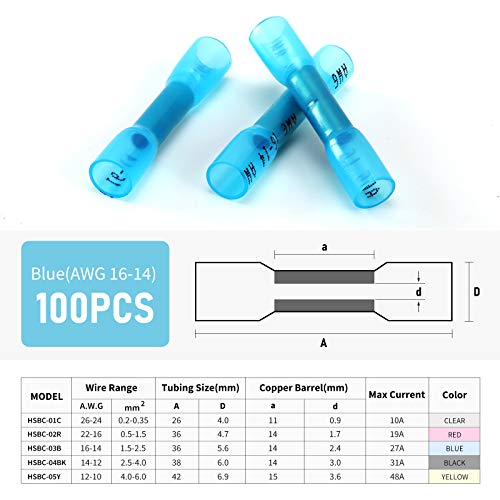 100PCS Heat Shrink Butt Wire Connectors 16-14 AWG, Insulated Waterproof Electrical Wire Connectors Automotive Marine Grade Wire Crimp Terminals Butt Splices, Ideal for Boat, Truck, Blue - size: 16-14 AWG - Blue 100 PCS