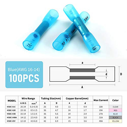 100PCS Heat Shrink Butt Wire Connectors 16-14 AWG, Insulated Waterproof Electrical Wire Connectors Automotive Marine Grade Wire Crimp Terminals Butt Splices, Ideal for Boat, Truck, Blue - size: 16-14 AWG - Blue 100 PCS