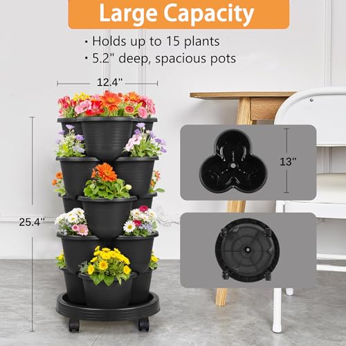 VECELO 5 Tier Vertical Garden Planter, Self Watering Stackable Planters with Wheels for Strawberries, Herbs, Flowers, Vegetables, Black - color: Black, size: 5 Tier