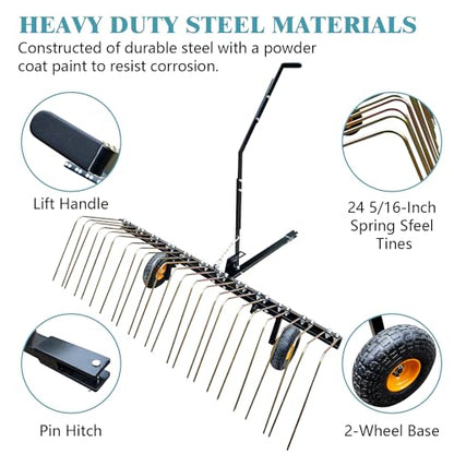ATV Pull Behind Landscape Rake,60-inch Pine Straw Rake,Steel Pull Behind Dethatcher for Tractor, ATV, UTV,