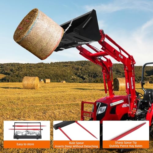 Hay Spear 49",Red Black Double Spear Bale Spear 4000lbs Loading Capacity, Quick Attach Spike Forks Skid Steer Loader Tractor Attachment - size: Double Spear 49"